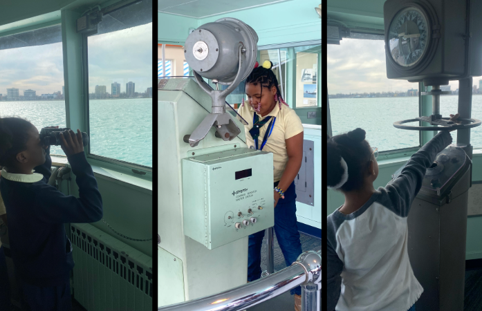  collage of students pretending to steer a ship and look out over the Detroit River